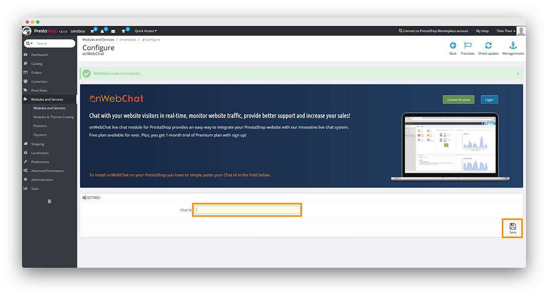 PrestaShop onWebChat Modul – Chat-ID eingeben und speichern
