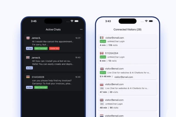 Mobile Support App - aktive Chats und verbundene Besucher