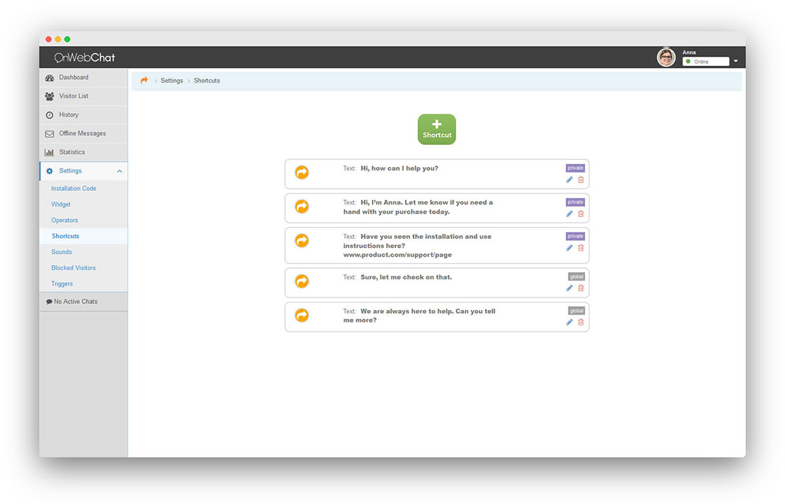 Neuen Shortcut in onWebChat erstellen