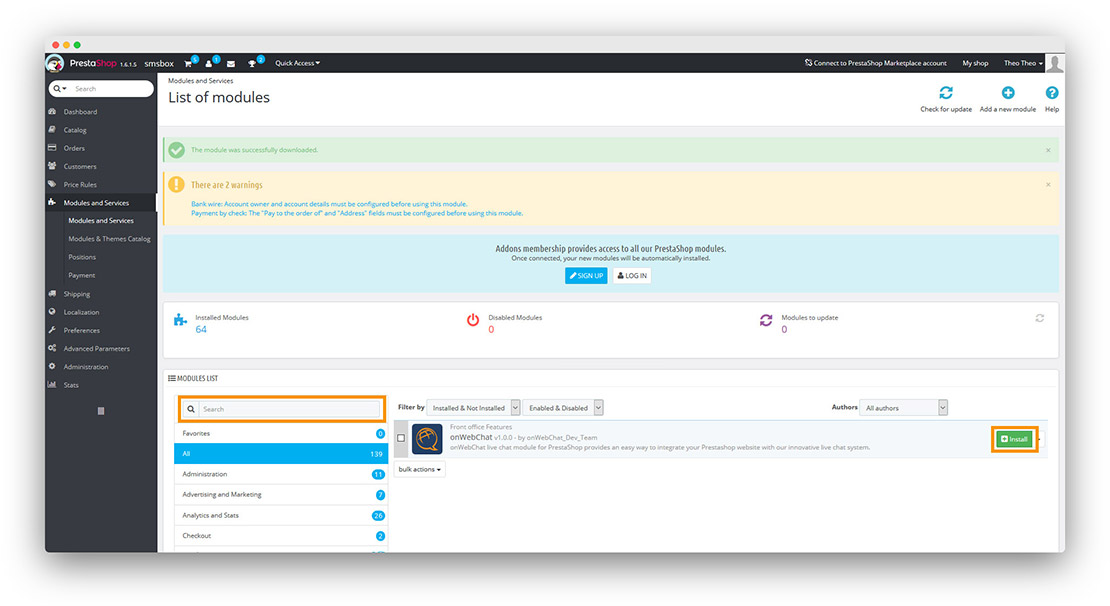 Πρόσθετο onWebChat PrestaShop – αναζήτηση και εγκατάσταση