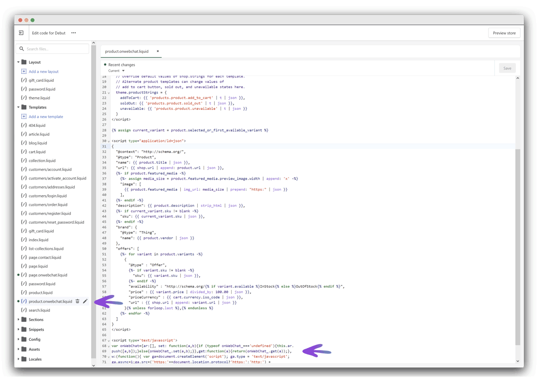 Εγκατάσταση του onWebChat στο Shopify – προσθήκη κώδικα widget στο template