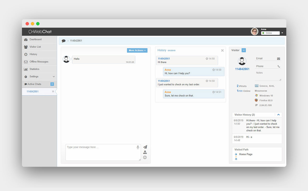 onWebChat live chat system - easy access to chat history