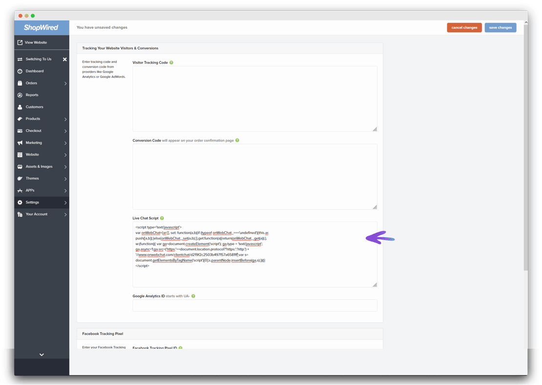 Instalación de onWebChat en ShopWired – pegar código del widget