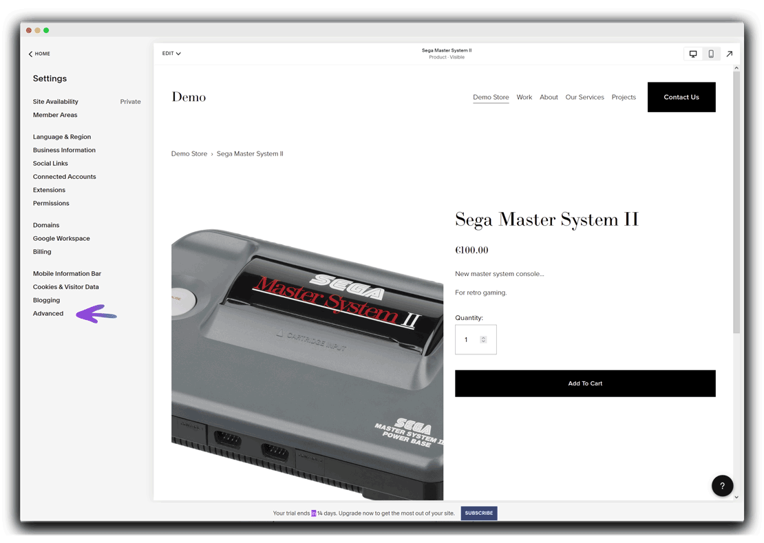 Instalación onWebChat Squarespace – Settings y Advanced