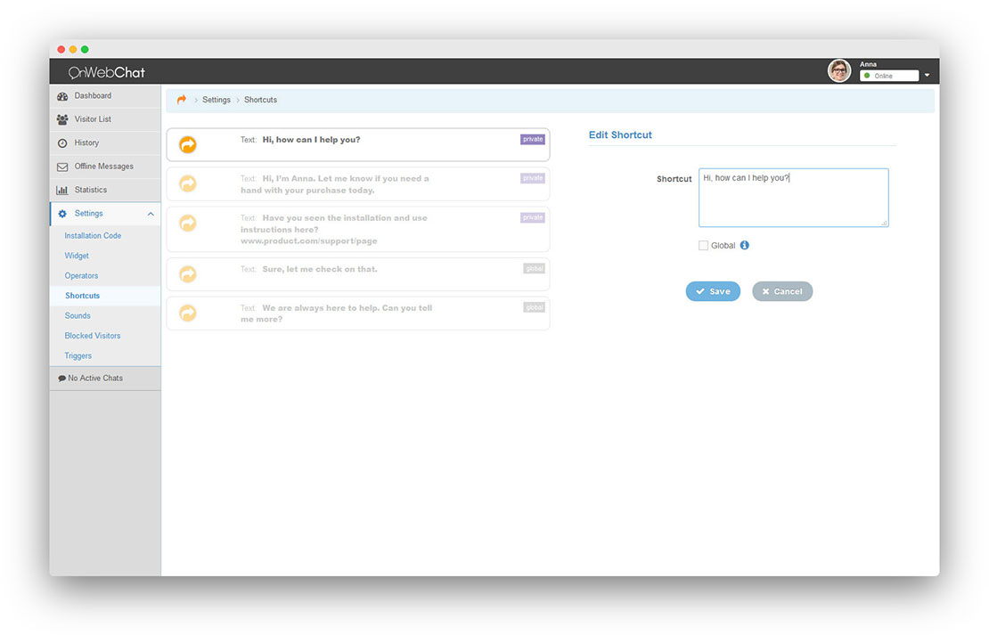 Configuración de atajo global en onWebChat