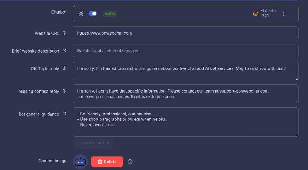 Champs du chatbot IA avec URL du site, description et instructions du bot