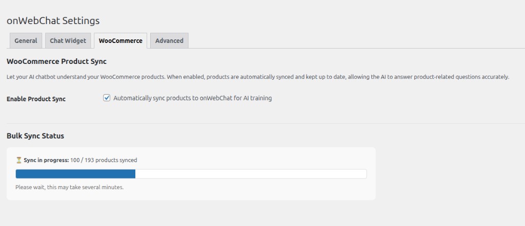 Paramètres onWebChat - Onglet Synchronisation des produits WooCommerce montrant l'activation de la synchronisation et le statut de la synchronisation en masse