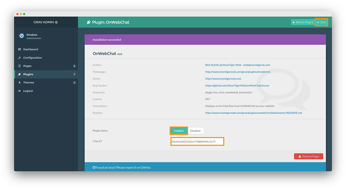 Plugin onWebChat Grav – coller le Chat ID et enregistrer