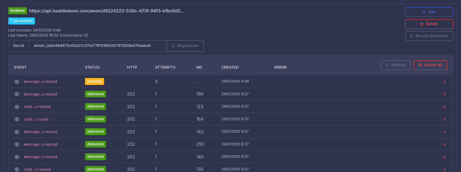 Webhooks page in the onWebChat dashboard showing endpoints and recent deliveries