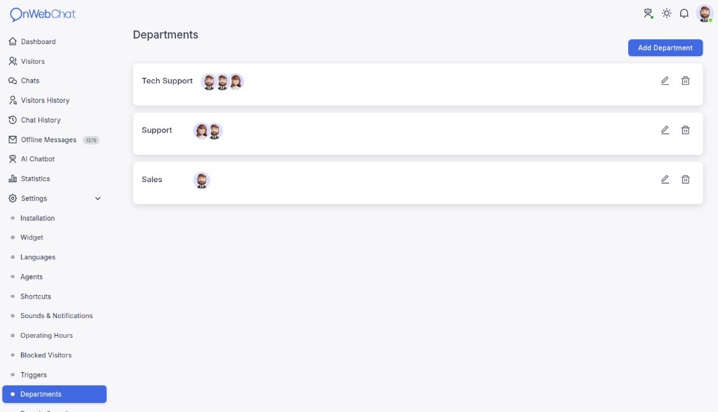 Fonctionnalité départements onWebChat
