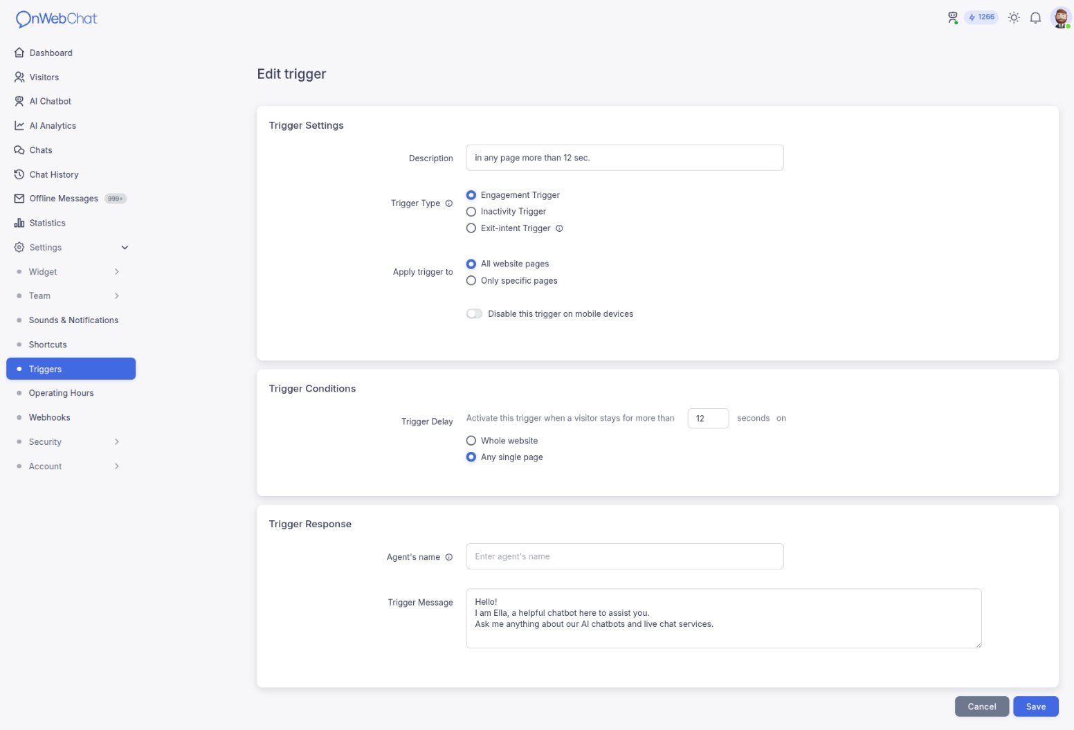 Configuration d'un déclencheur dans onWebChat