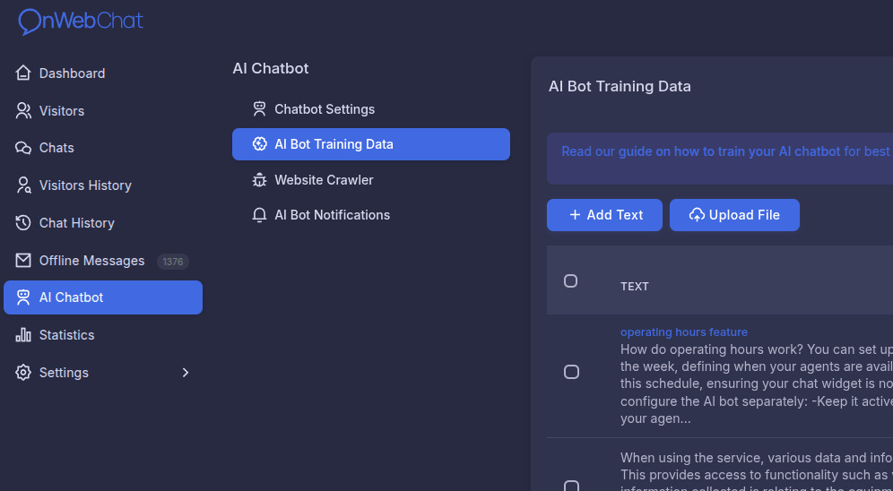 AI Bot Training Data page showing Add Text, Upload File options and training data entries