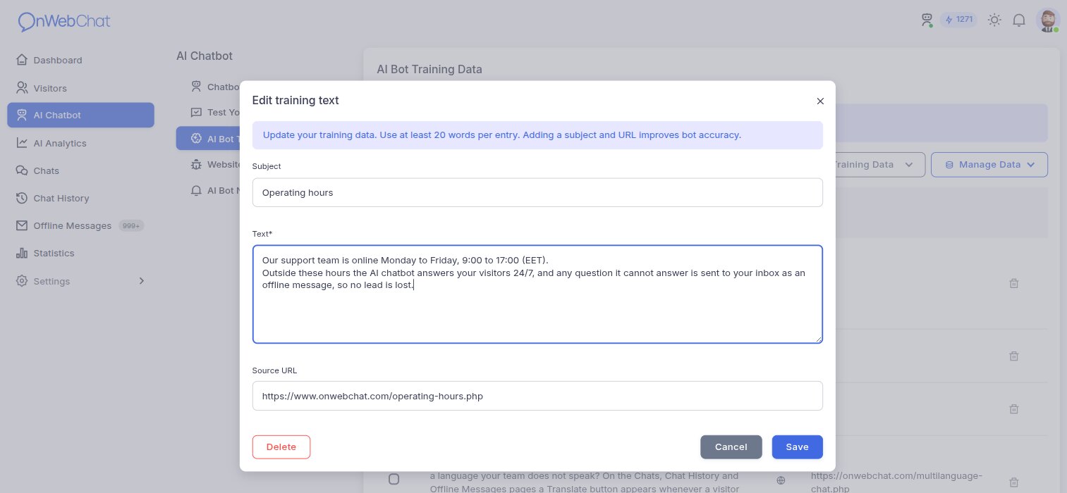 Trainingstext bearbeiten im Modal "KI-Chatbot Trainingsdaten" - Betreff, Text und Quell-URL hinzufügen