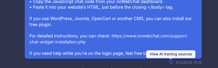View AI training sources icon in chat - shows up to 5 training texts the AI bot used to create its reply