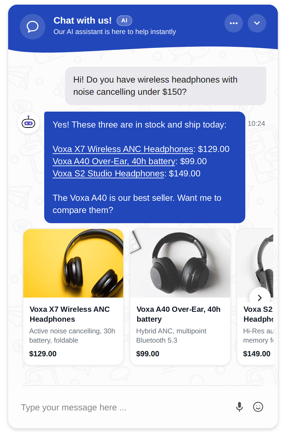 onWebChat chat widget with product cards under a chatbot reply