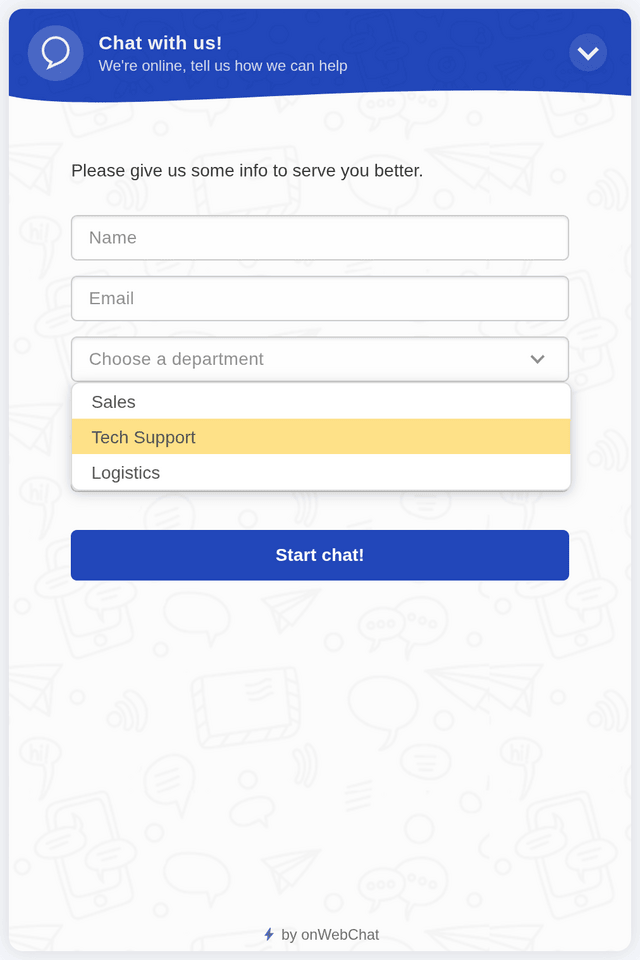 onWebChat chat widget with department selection