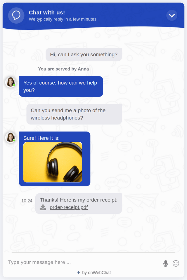 onWebChat live chat widget: agent shares a product photo and the visitor sends a PDF file