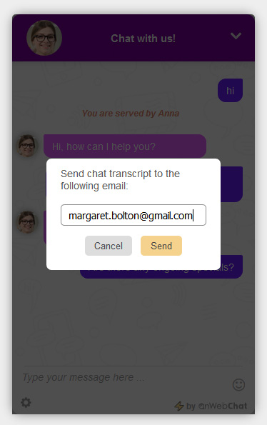 onWebChat - chat window (chat widget) visitor can send chat to his email