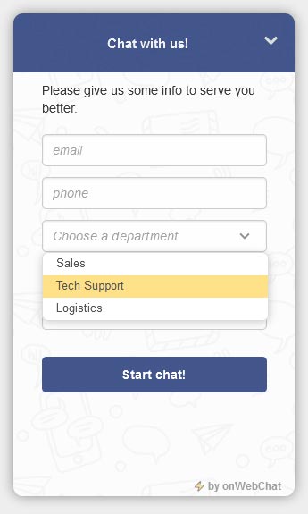onWebChat - chat window (chat widget) visitor can choose department for better support