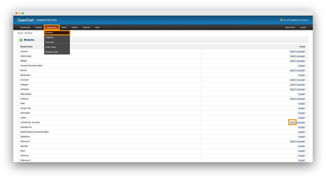 OpenCart - onWebChat live chat - module installation instructions step2