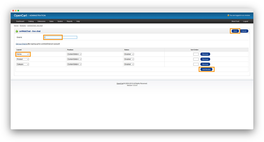 OpenCart - onWebChat live chat - module installation instructions step3