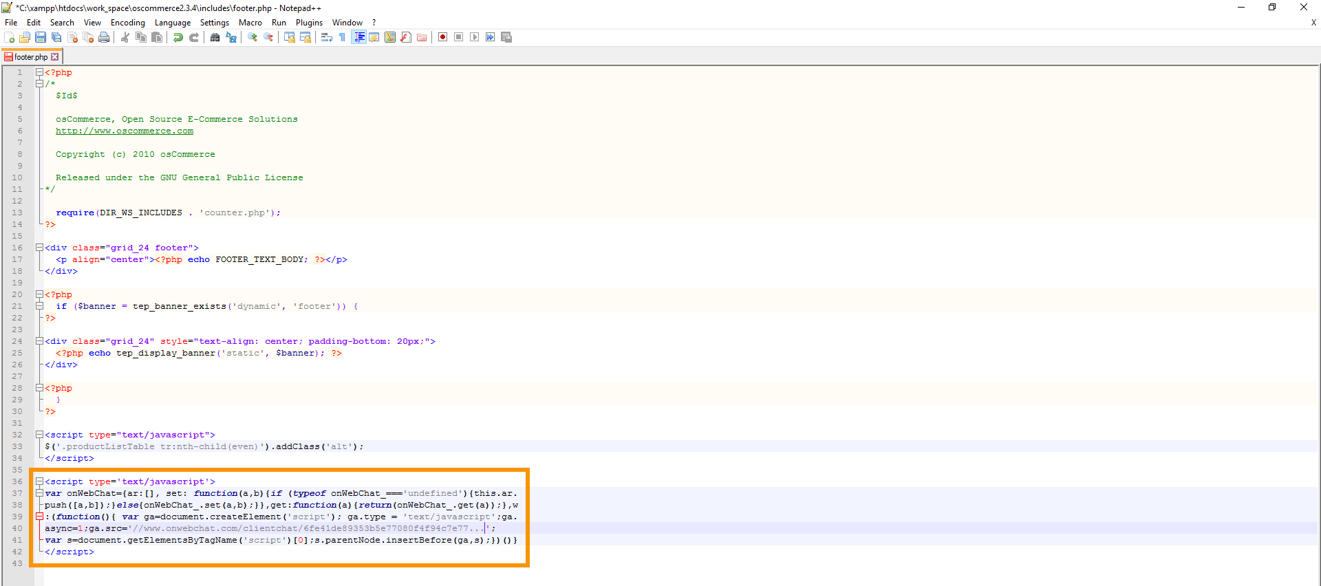 osCommerce onWebChat installation – paste widget code into footer.php