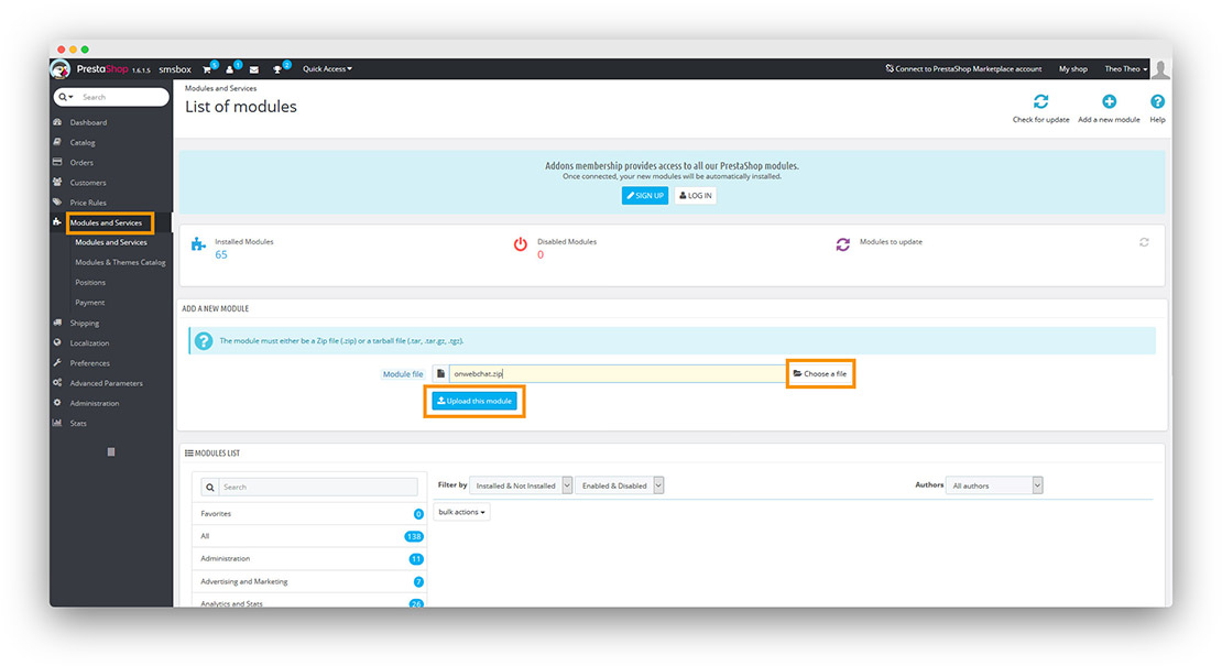 PrestaShop - onWebChat live chat - module installation instructions step1