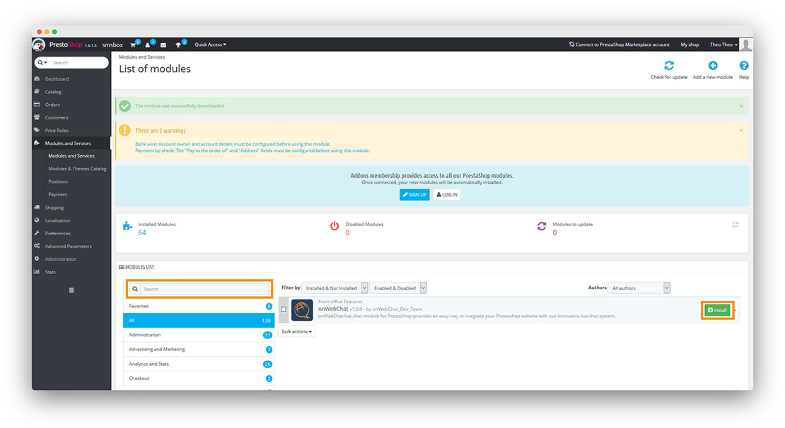 PrestaShop - onWebChat live chat - module installation instructions step2