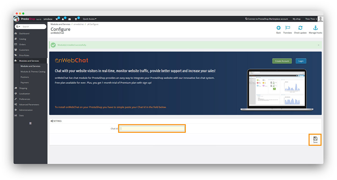 PrestaShop - onWebChat live chat - module installation instructions step3