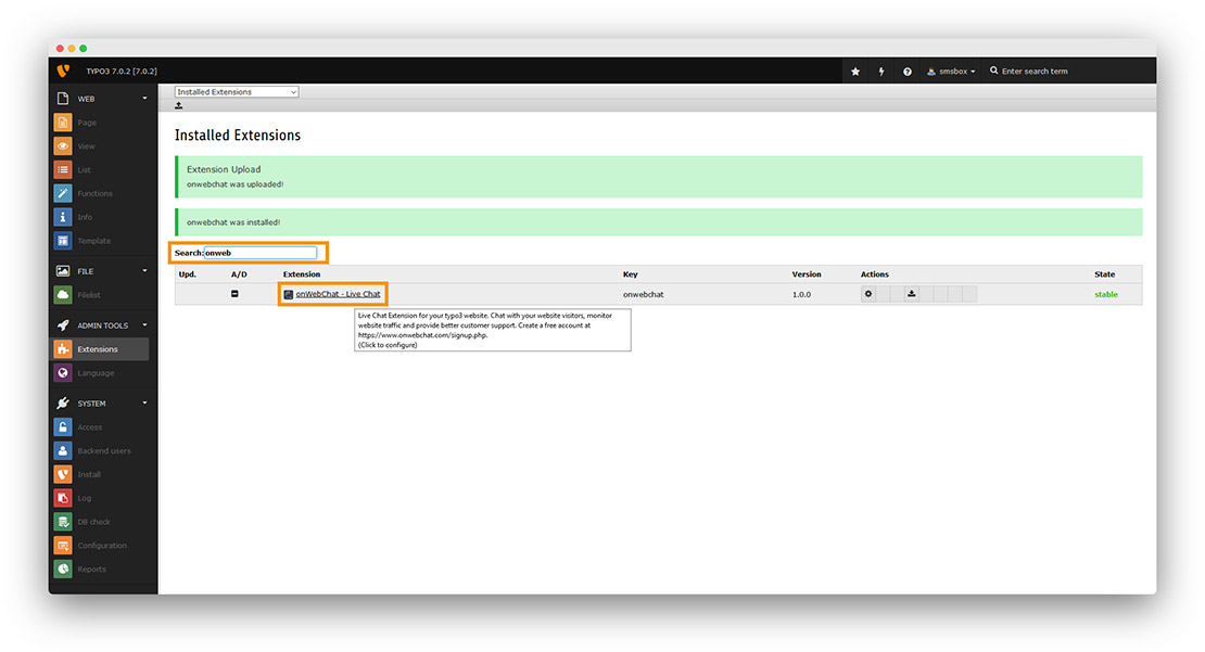 Typo3 - onWebChat live chat - extension installation instructions step2