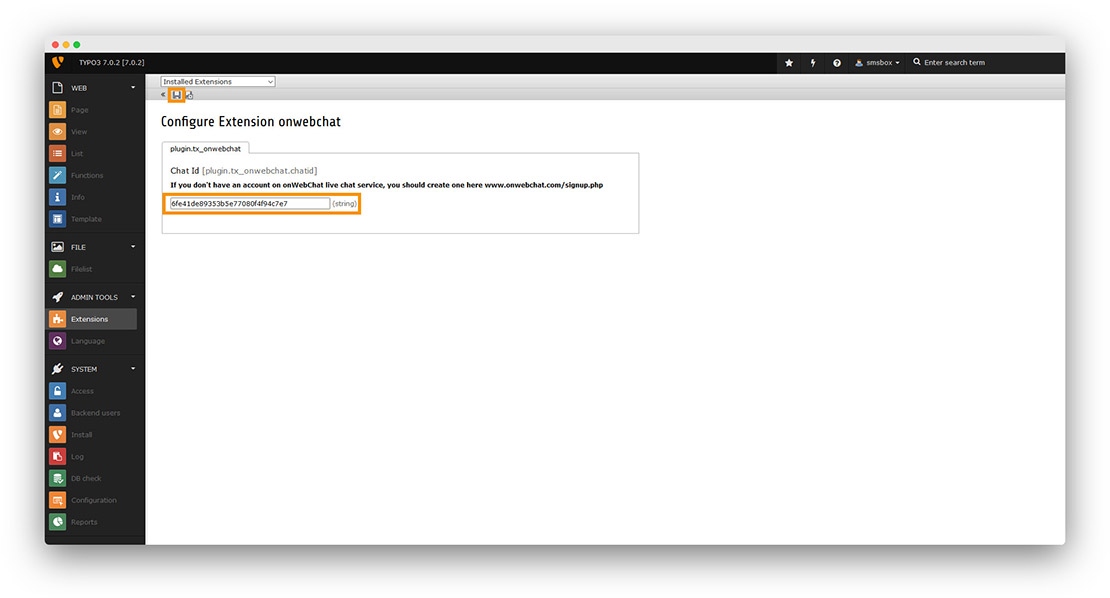 Typo3 - onWebChat live chat - extension installation instructions step3