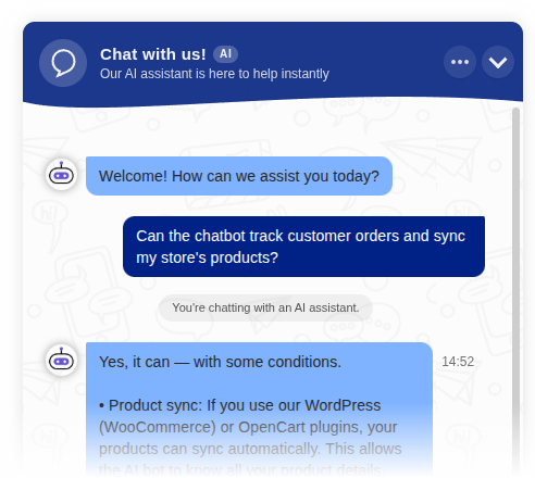 onWebChat widget showing the AI badge and the notice that the visitor is chatting with an AI assistant