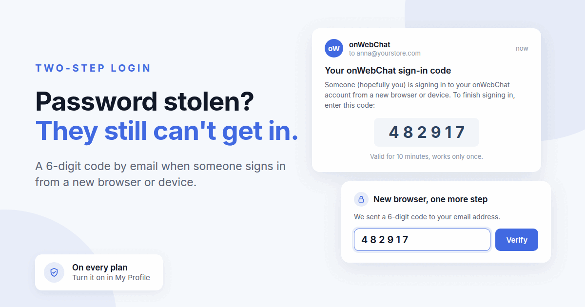Two-step login: the sign-in code email from onWebChat and the code step on the sign-in page