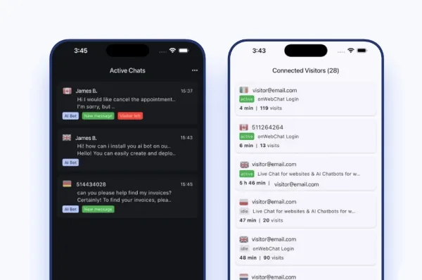 Mobile support app - Active Chats and Connected Visitors