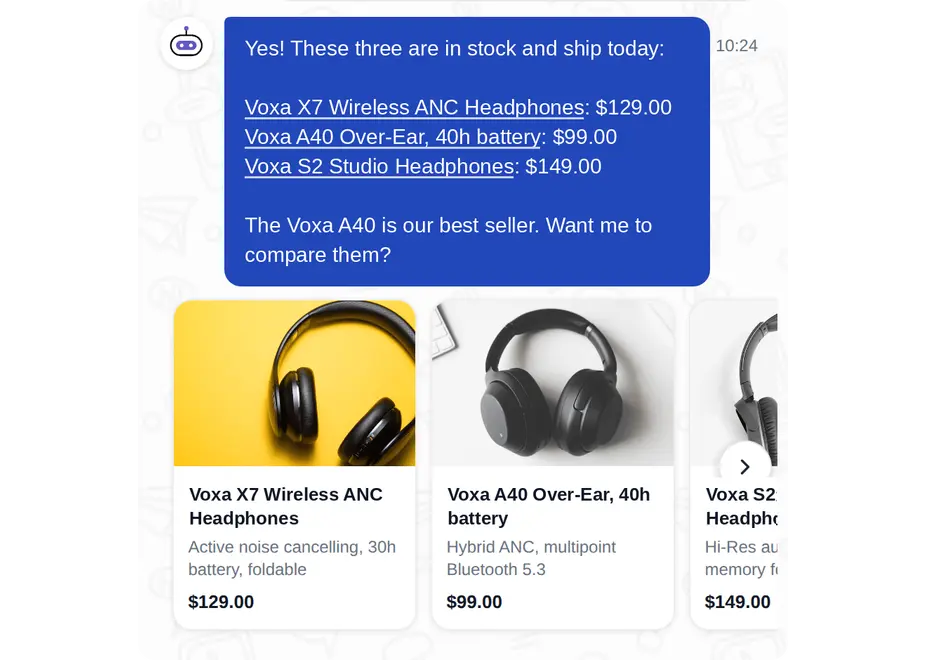 AI chatbot recommending headphones as product cards inside the chat widget