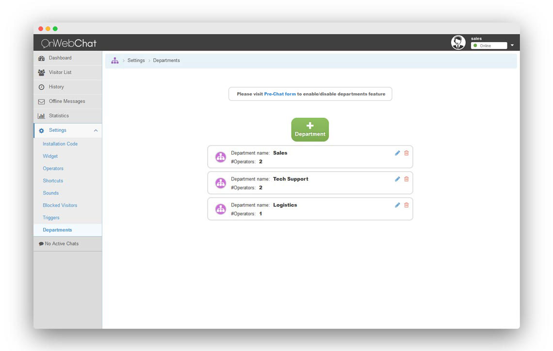 onWebChat - live chat feature departments