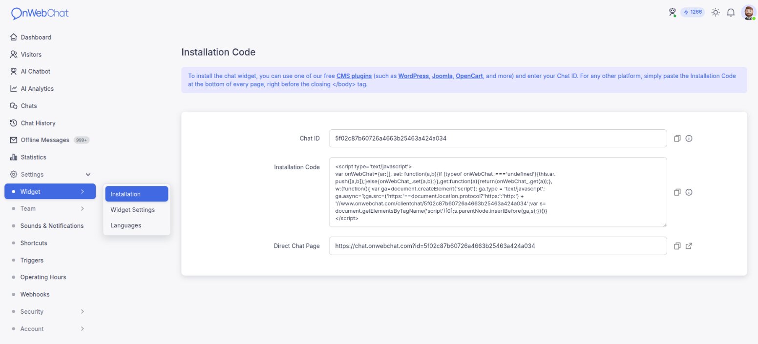 onWebChat dashboard settings - Installation tab