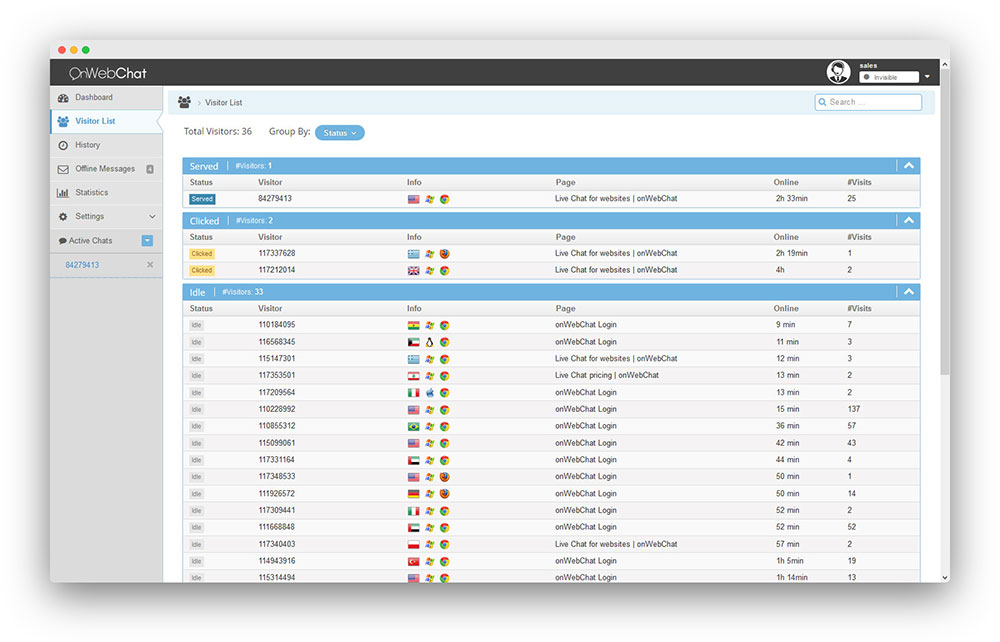 livechat system - onWebChat - see website visitors (admin) page