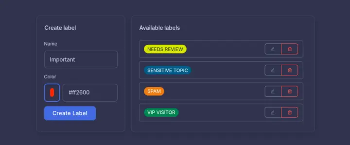 Labels feature in onWebChat dashboard