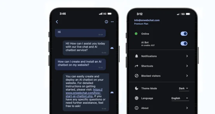 onWebChat iOS app: a chat answered by the AI bot and the app settings