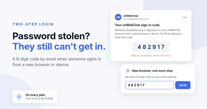 Two-step login: the sign-in code email from onWebChat and the code step on the sign-in page