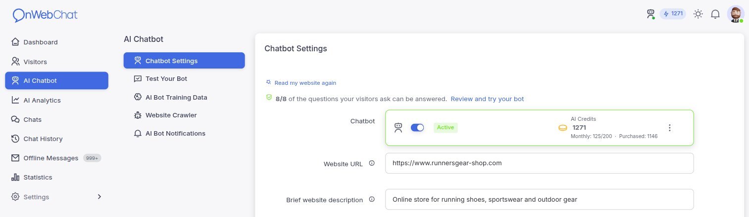 Pagina delle impostazioni del chatbot IA nella dashboard onWebChat con il campo dell'indirizzo che avvia la configurazione automatica