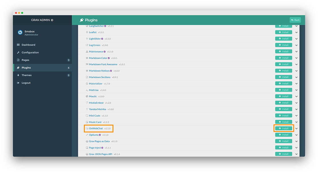 Plugin onWebChat Grav – cercare e installare
