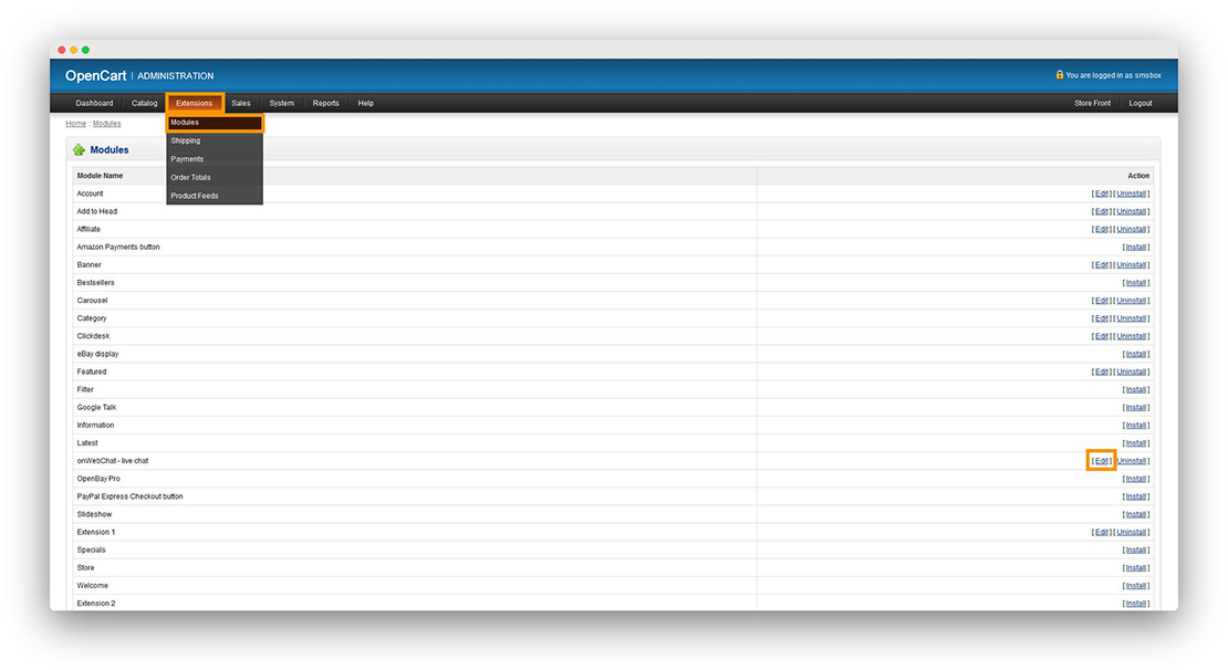 OpenCart 1.5.x module installation step2