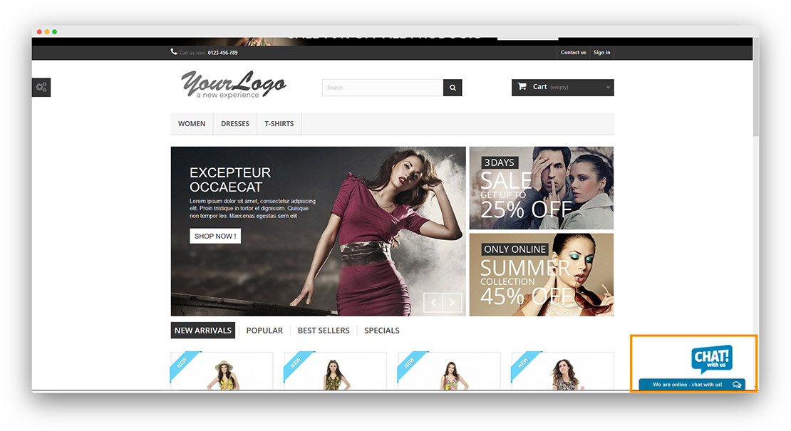 Widget live chat onWebChat PrestaShop attivo nel negozio