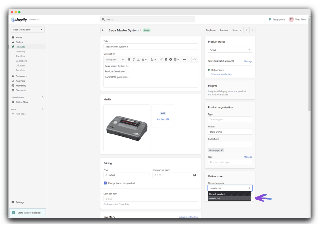 Installazione di onWebChat su Shopify – assegnazione del gabarit