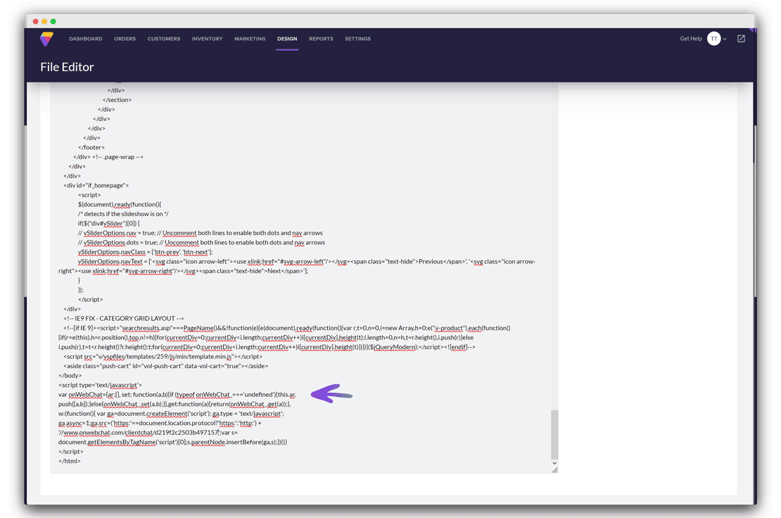 Installazione onWebChat Volusion – incollare codice widget