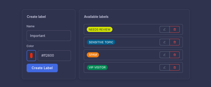 Labels feature in onWebChat dashboard