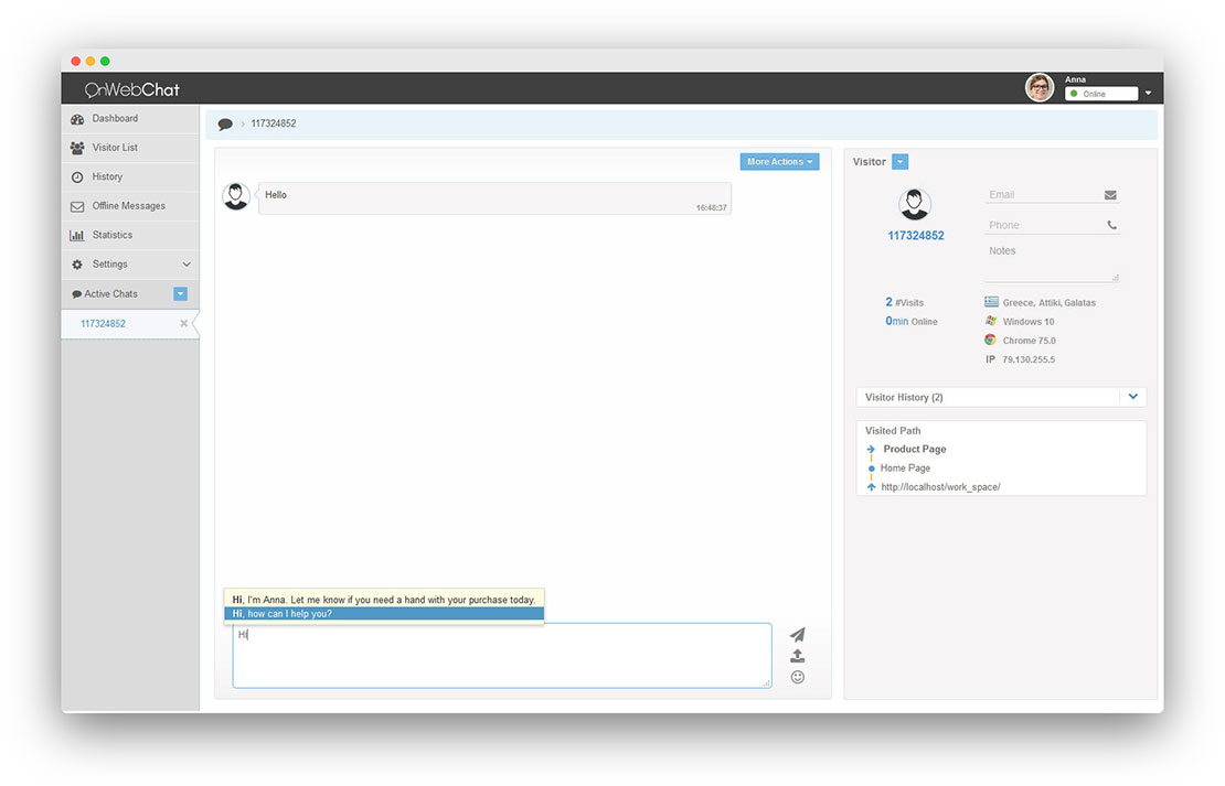 Shortcut onWebChat in uso durante una chat