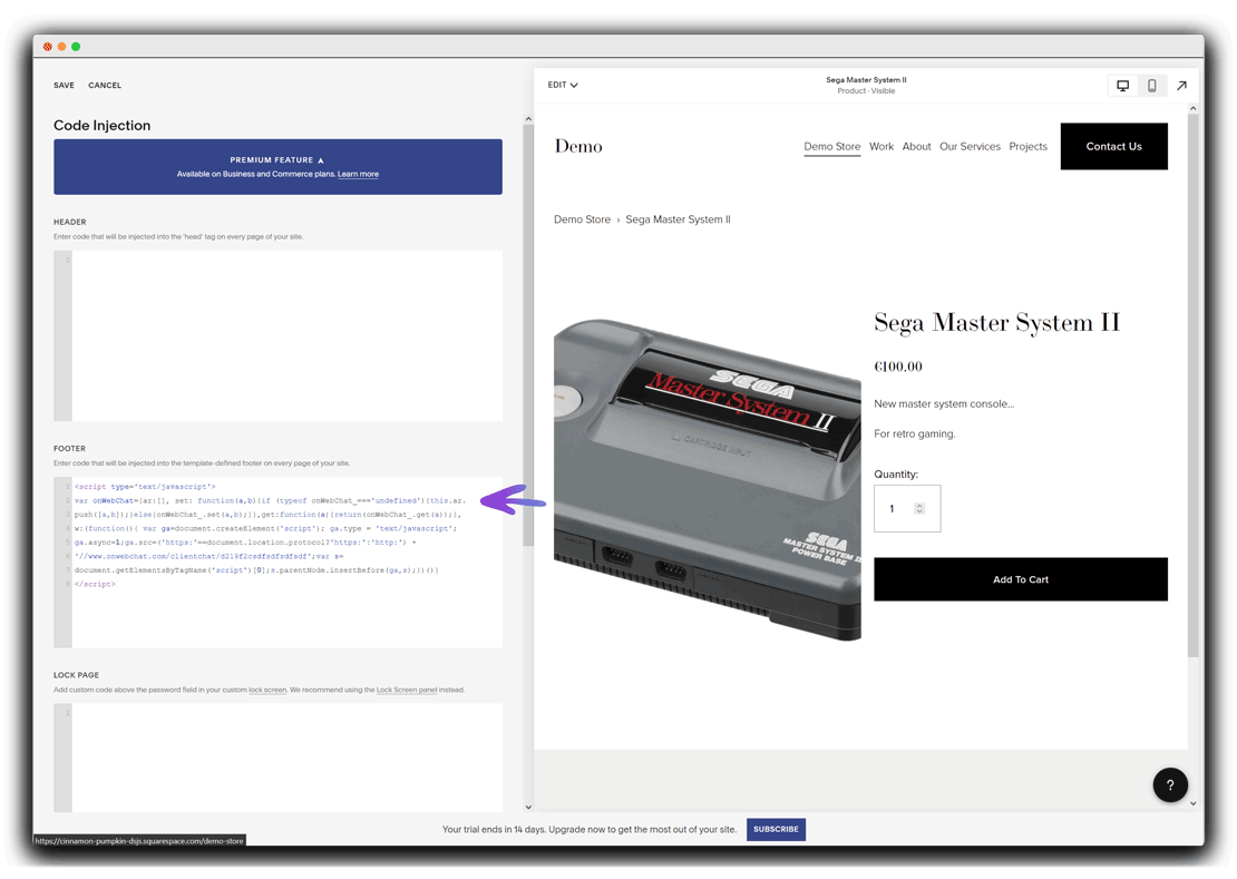 Instalacja onWebChat Squarespace – Code Injection w Footer